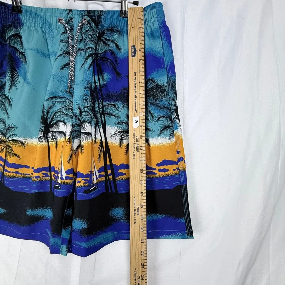 Swim Trunks Mens Large Tropical Sunset Palm Tree Beach Summer Retro